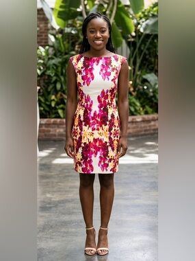 Adrianna Papell Floral Cocktail Wedding Guest Dress Size 12 Fitted Sheath EUC
